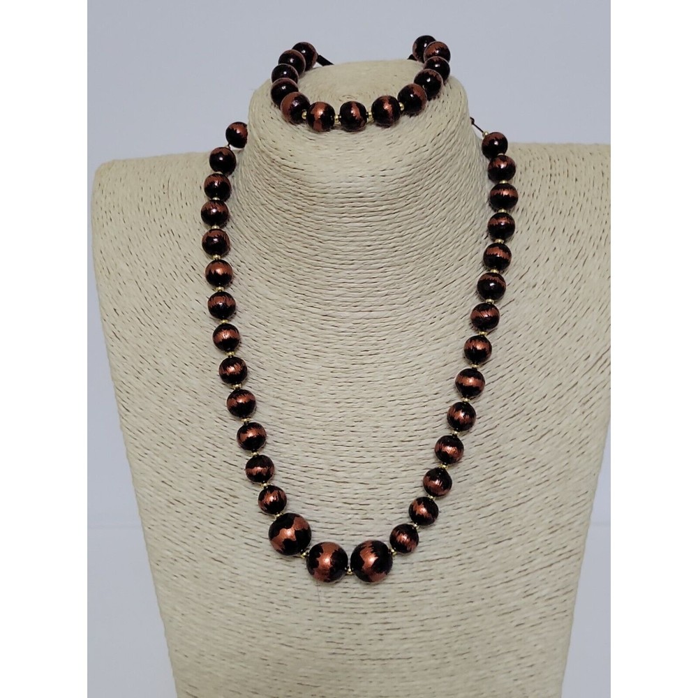 Vintage Graduated Beaded Cheetah Pattern Necklace and Bracelet Set  Bronze Tone